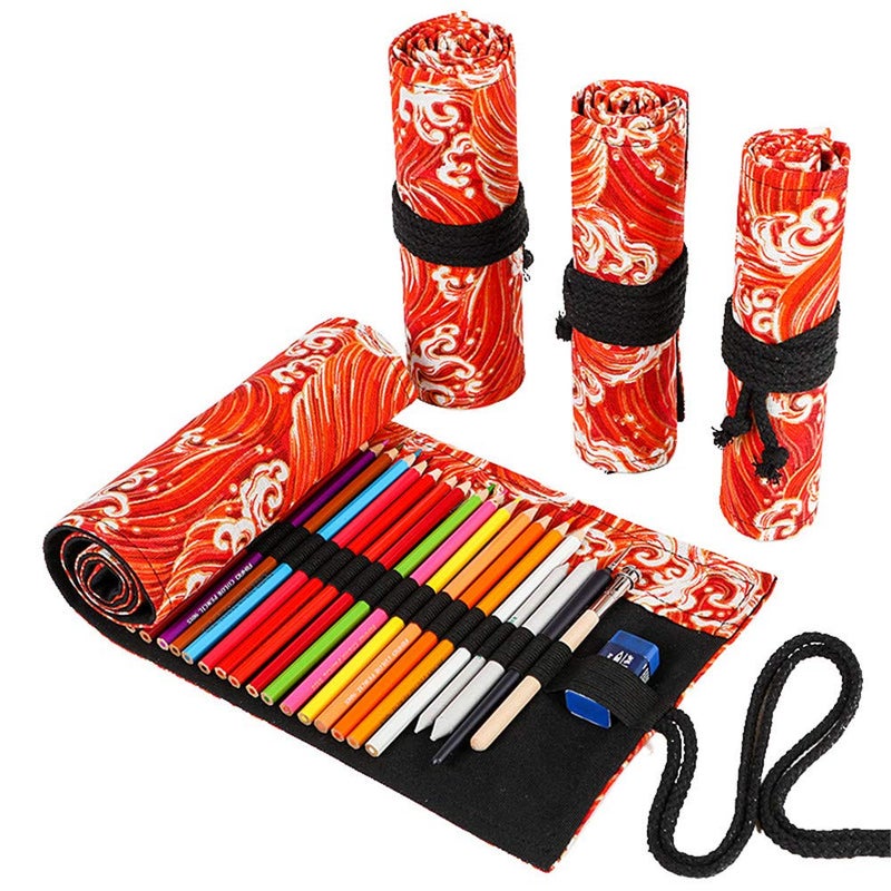 Funny live 36/48/72 Slots Colored Pencil Wrap Pencils Roll Holder Coloring Pencils Organizer Holder Colored Pen Paint Brush Storage Pouch Portable for Artist Student (Red ocean, 72 Slots) - Image 1